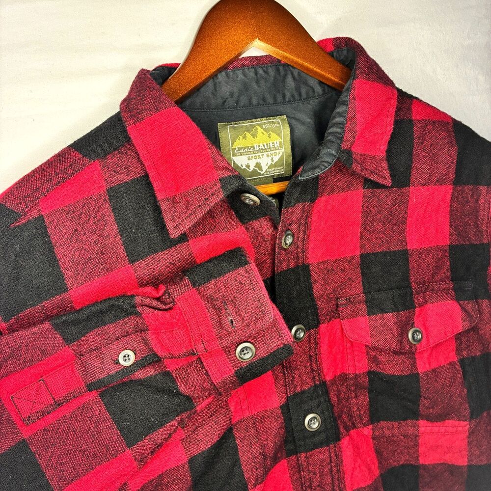 Eddie Bauer Sport Shop Men's Large Wool Buffalo Plaid CPO Shirt Jacket Red Black